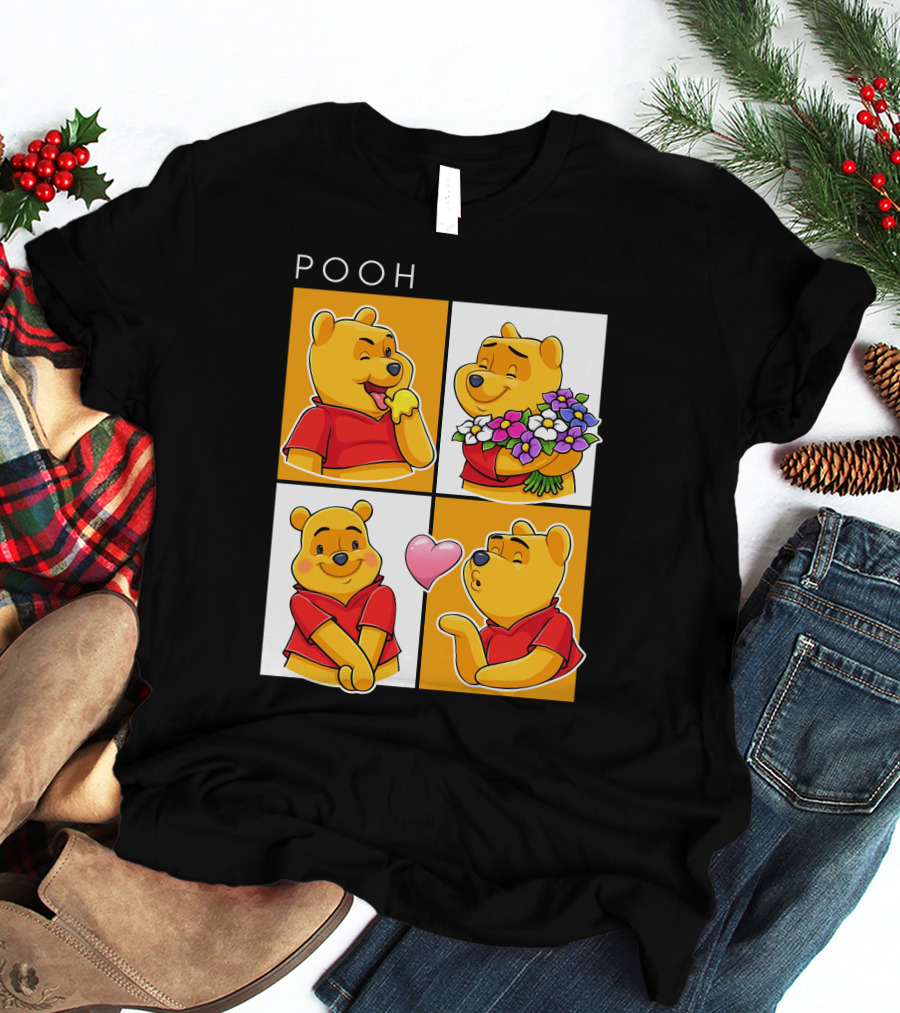 Pooh Cute Expressions And Flowers With Heart T-Shirt
