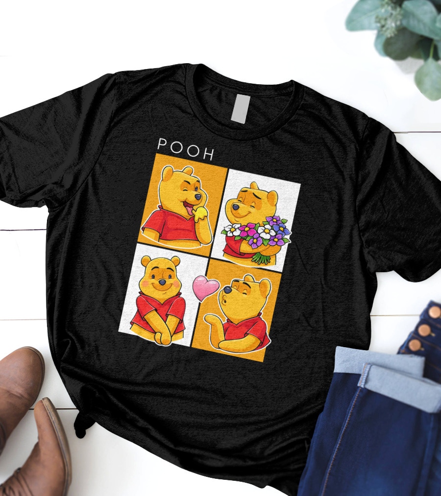 Pooh Cute Expressions And Flowers With Heart T-Shirt
