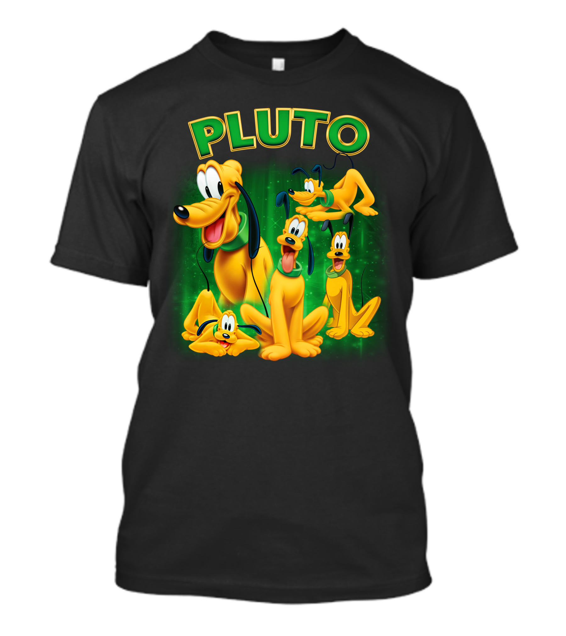 Pluto Classic Disney Character With Multiple Expressions On Green T-Shirt