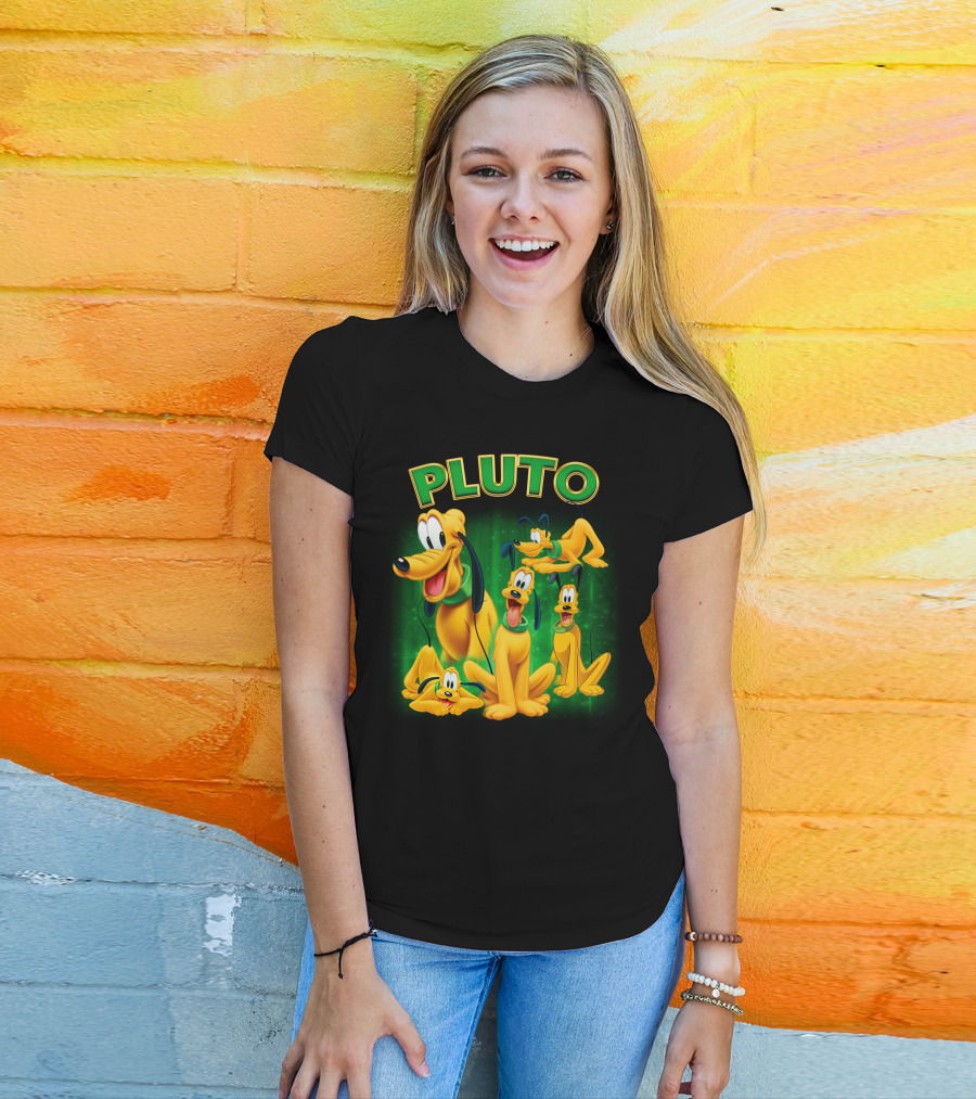 Pluto Classic Disney Character With Multiple Expressions On Green T-Shirt