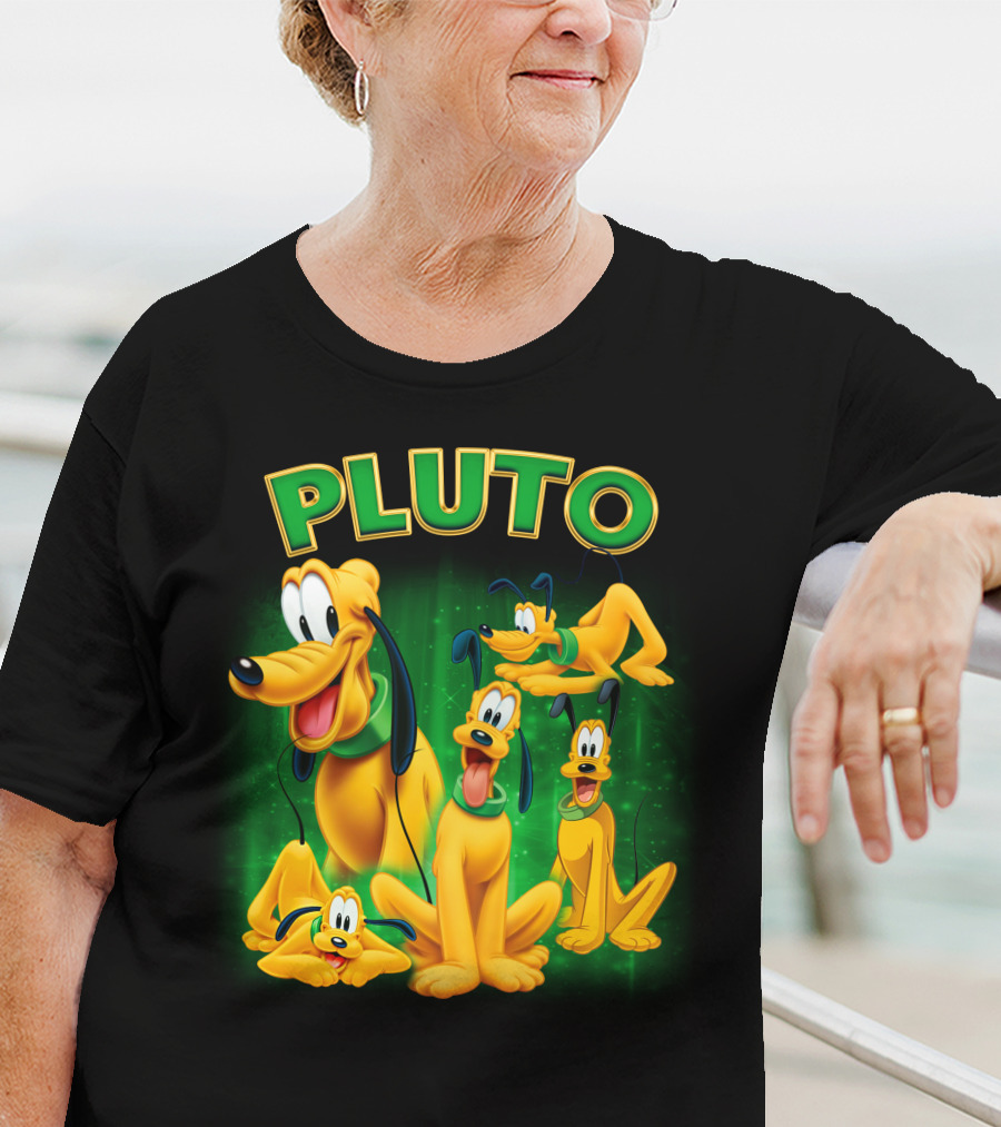 Pluto Classic Disney Character With Multiple Expressions On Green T-Shirt