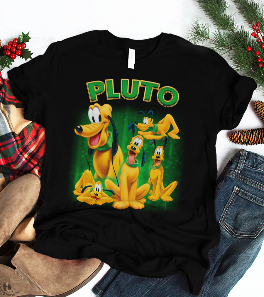 Pluto Classic Disney Character With Multiple Expressions On Green T-Shirt