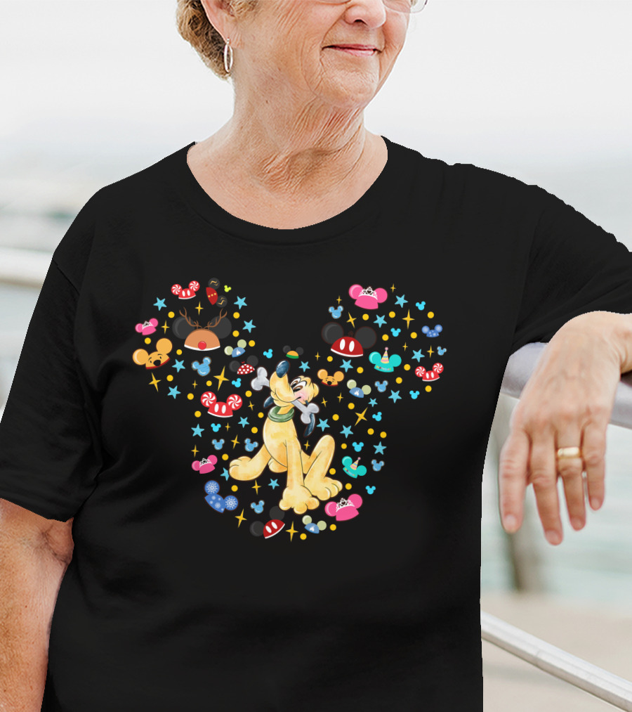 Pluto Surrounded By Mickey Mouse Ears And Holiday Icons T-Shirt