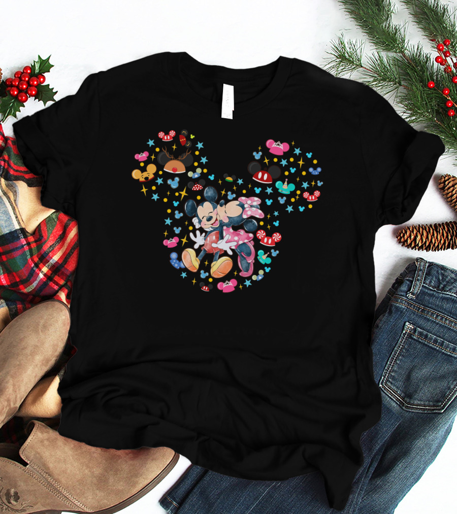 Mickey And Minnie Mouse Festive Holiday Celebration With Stars And Candy Cane Accents T-Shirt