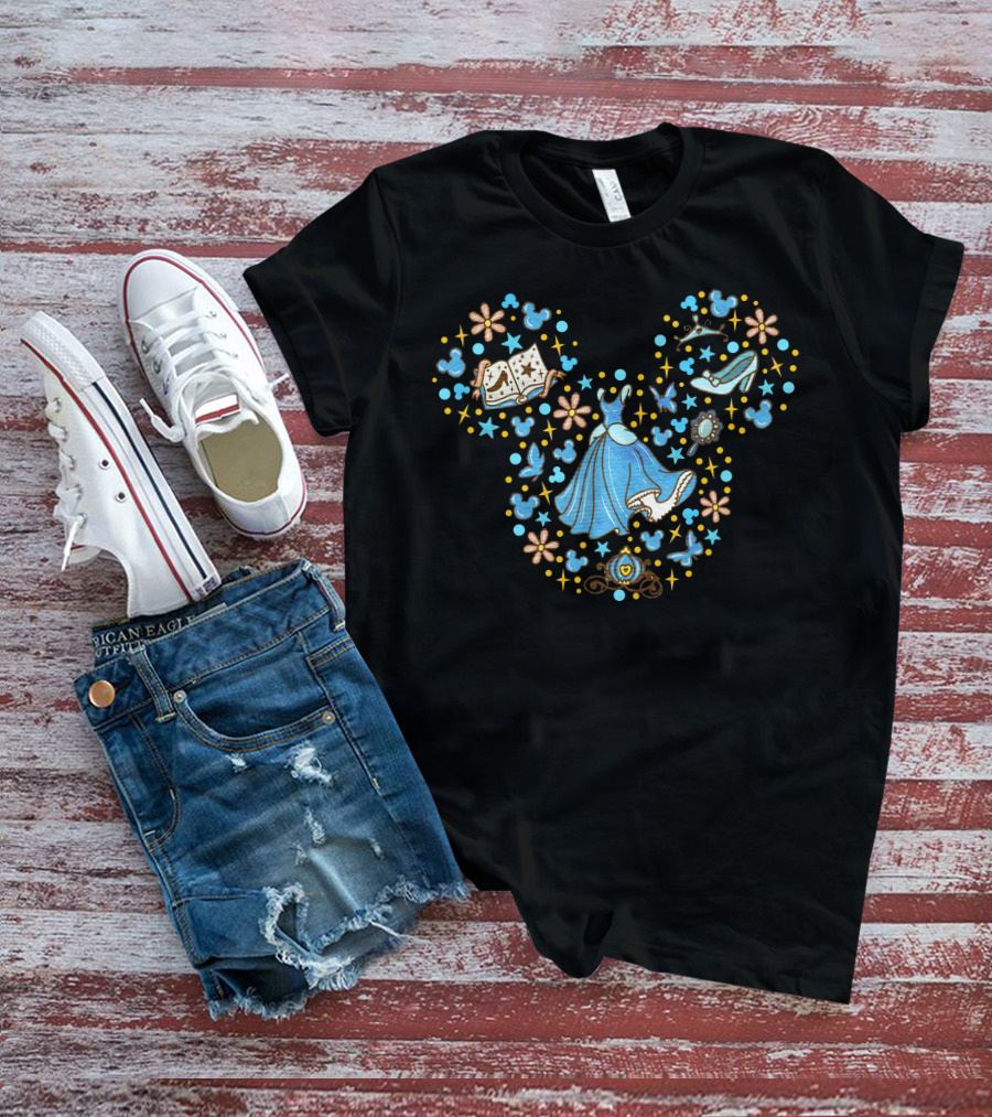 Cinderella Mickey Mouse Head Icon With Glass Slipper And Magic Elements T-Shirt