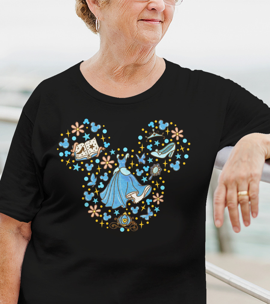 Cinderella Mickey Mouse Head Icon With Glass Slipper And Magic Elements T-Shirt