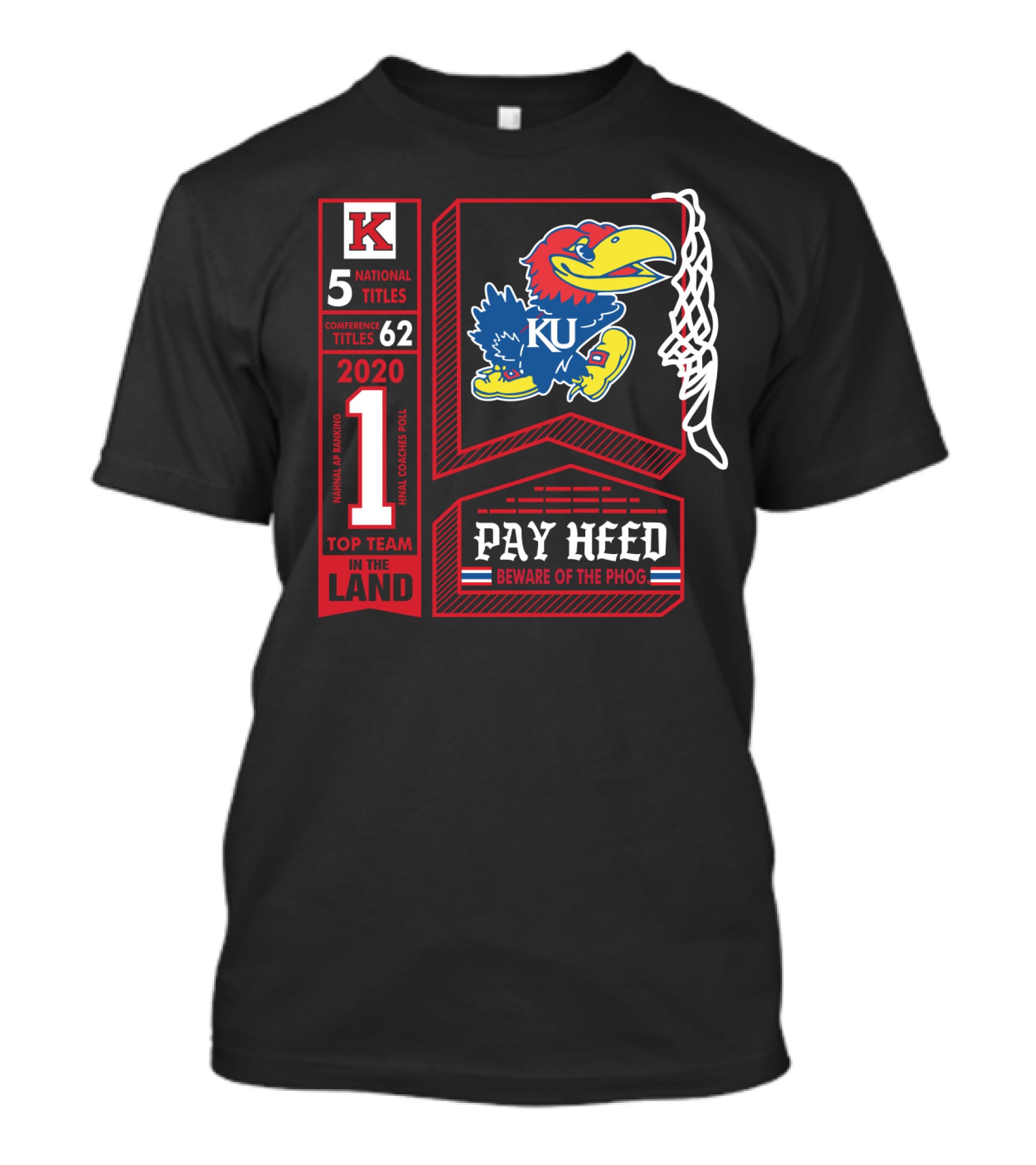 5 National Titles KU Jayhawks 62 Conference Titles Top Team In The Land Pay Heed Beware Of The Phog T-Shirt