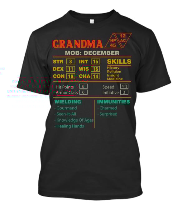 Grandma Character Stats Sheet December Born With Skills And Immunities T-Shirt