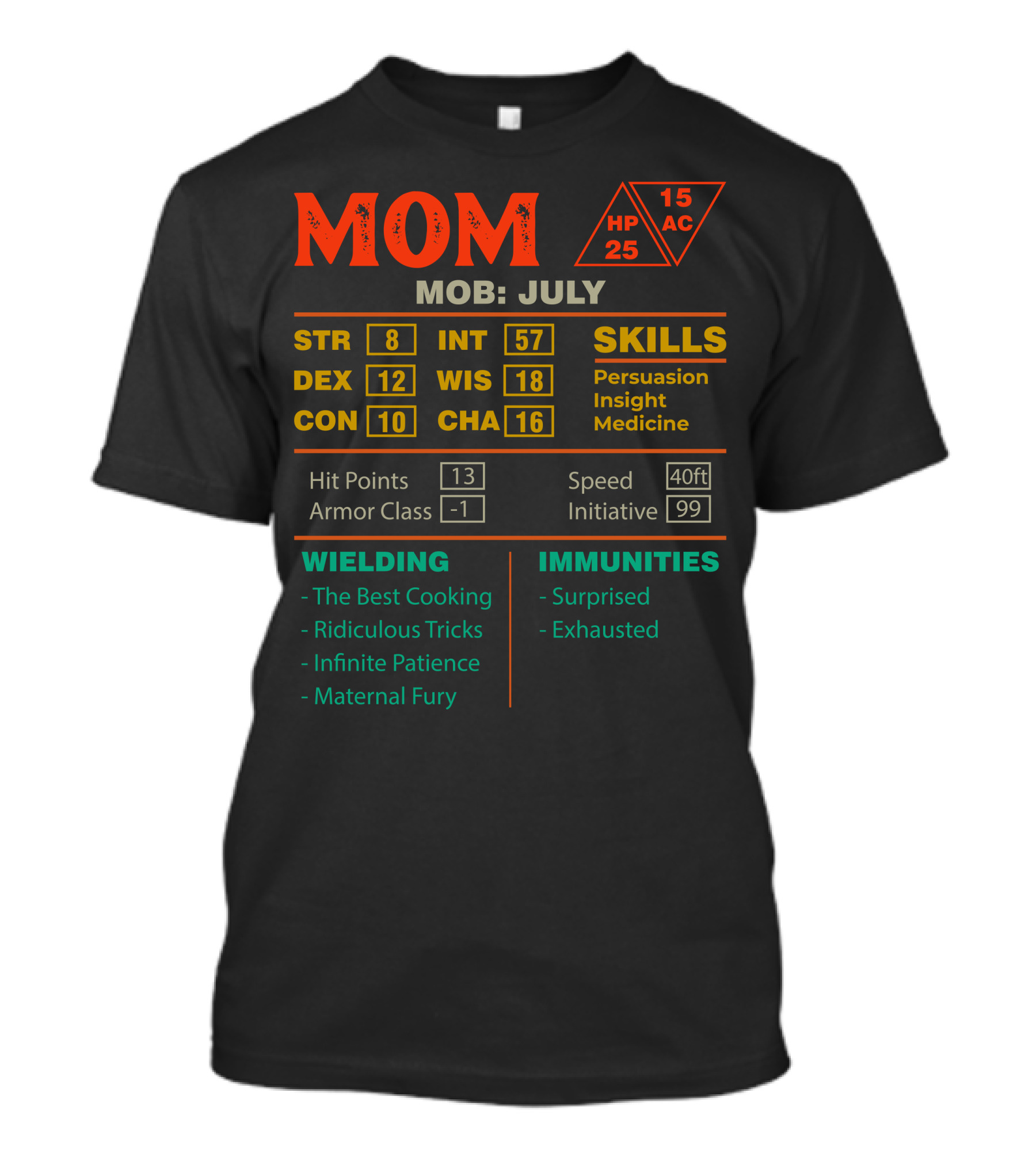 Mom Roleplaying Character Stats Born In July With Skills And Immunities T-Shirt