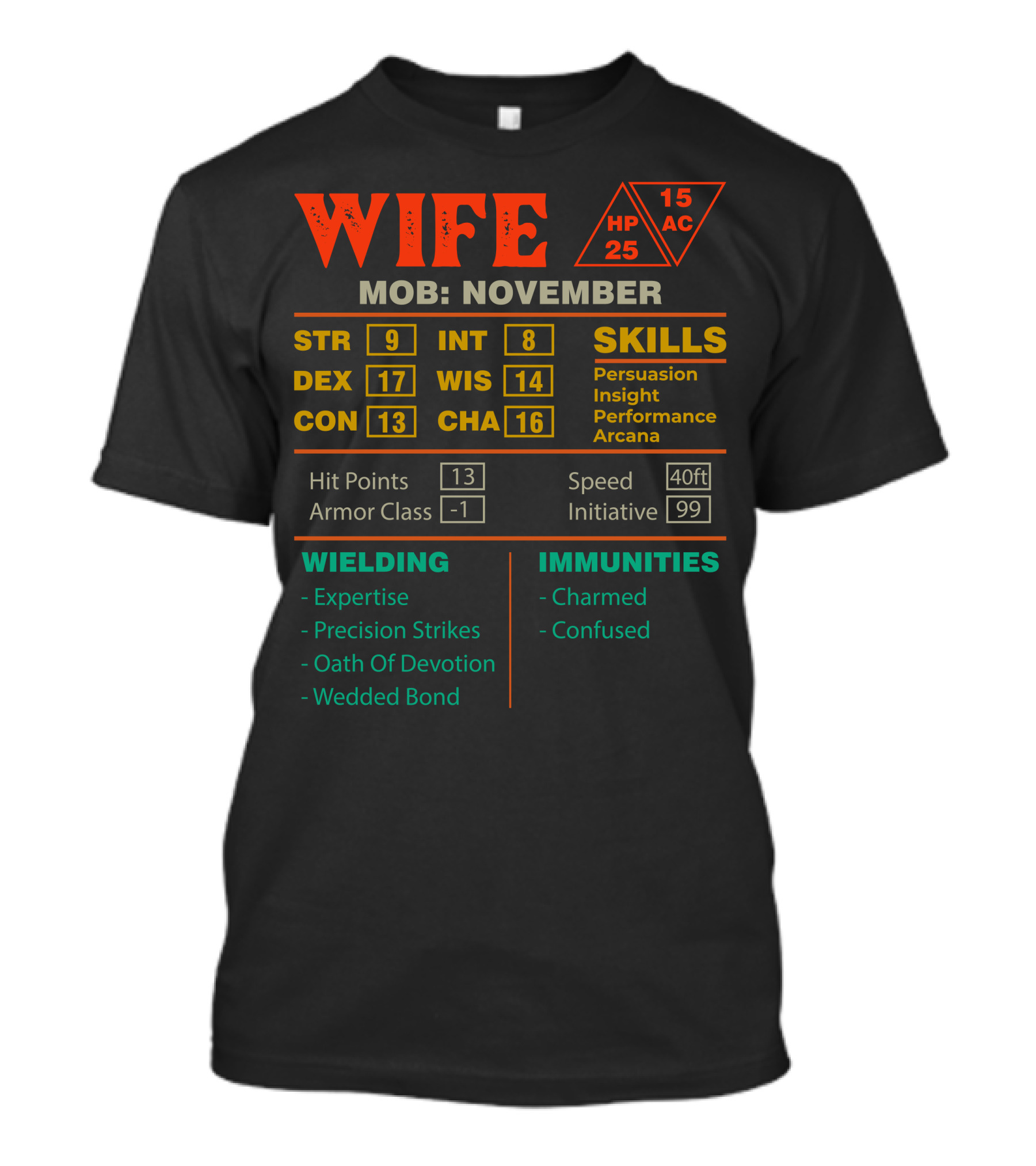 Wife Stats Character Sheet November Mob Skills Immunities Wielding Attributes T-Shirt