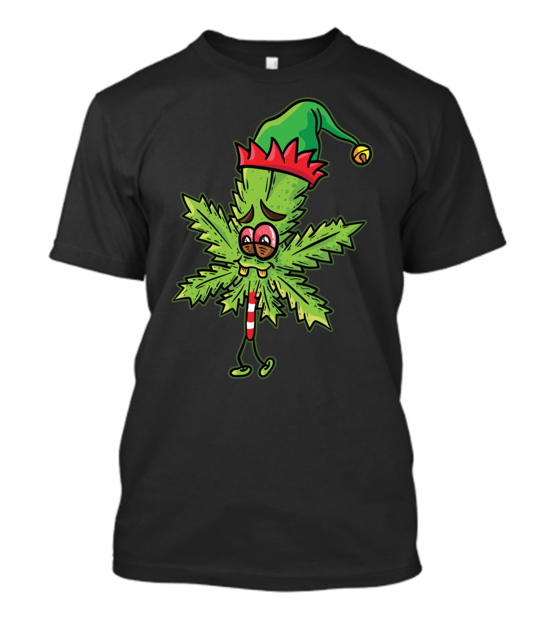 Stoned Elf Cannabis Leaf With Festive Hat Smoking Weed Elves T-Shirt