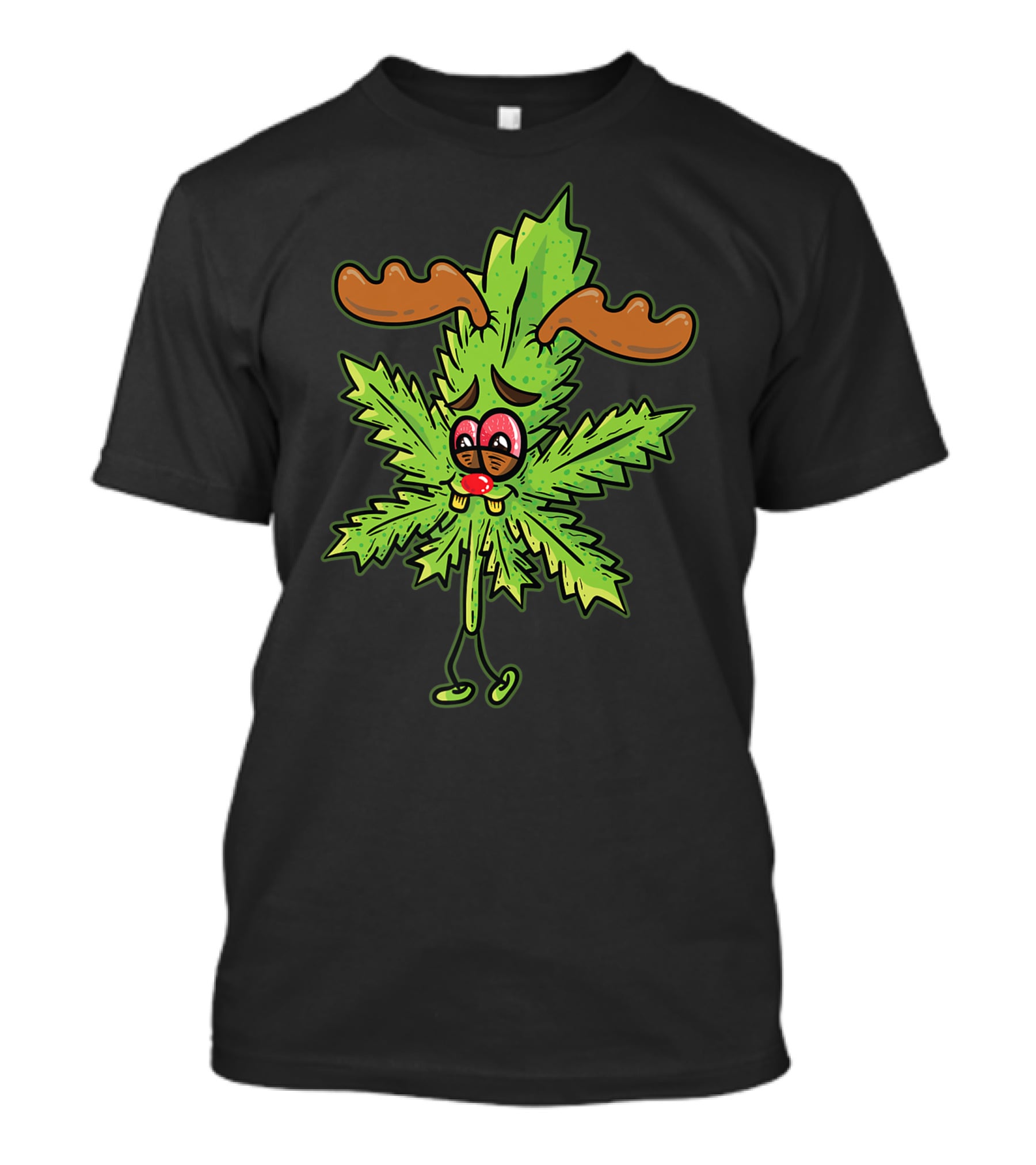 Cannabis Leaf Stoned Reindeer Weed Smoking Rudolph Marijuana Leaf Antlers T-Shirt