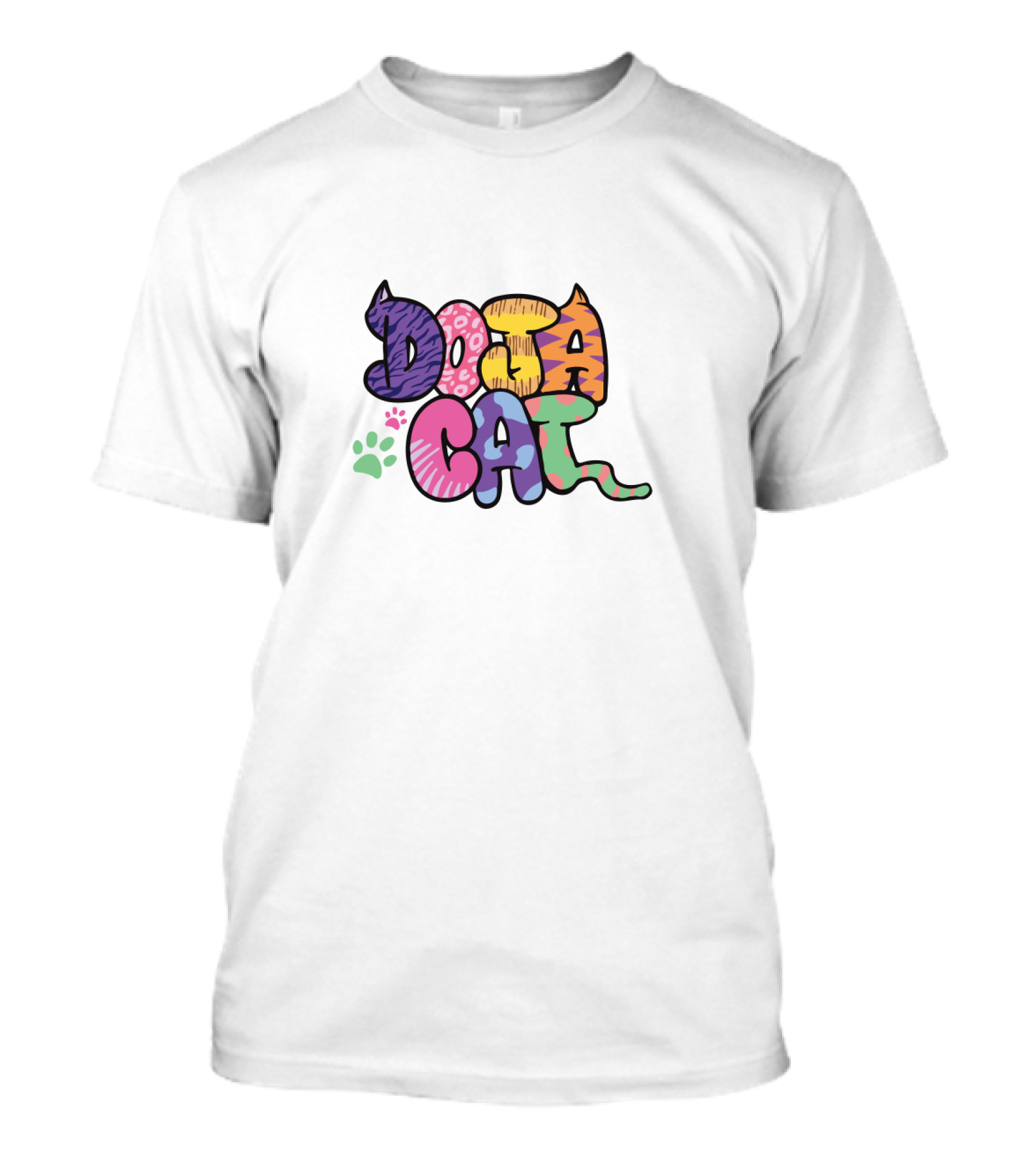 Doja Cat Colorful Patterned Text With Cat Ears And Paw Prints T-Shirt