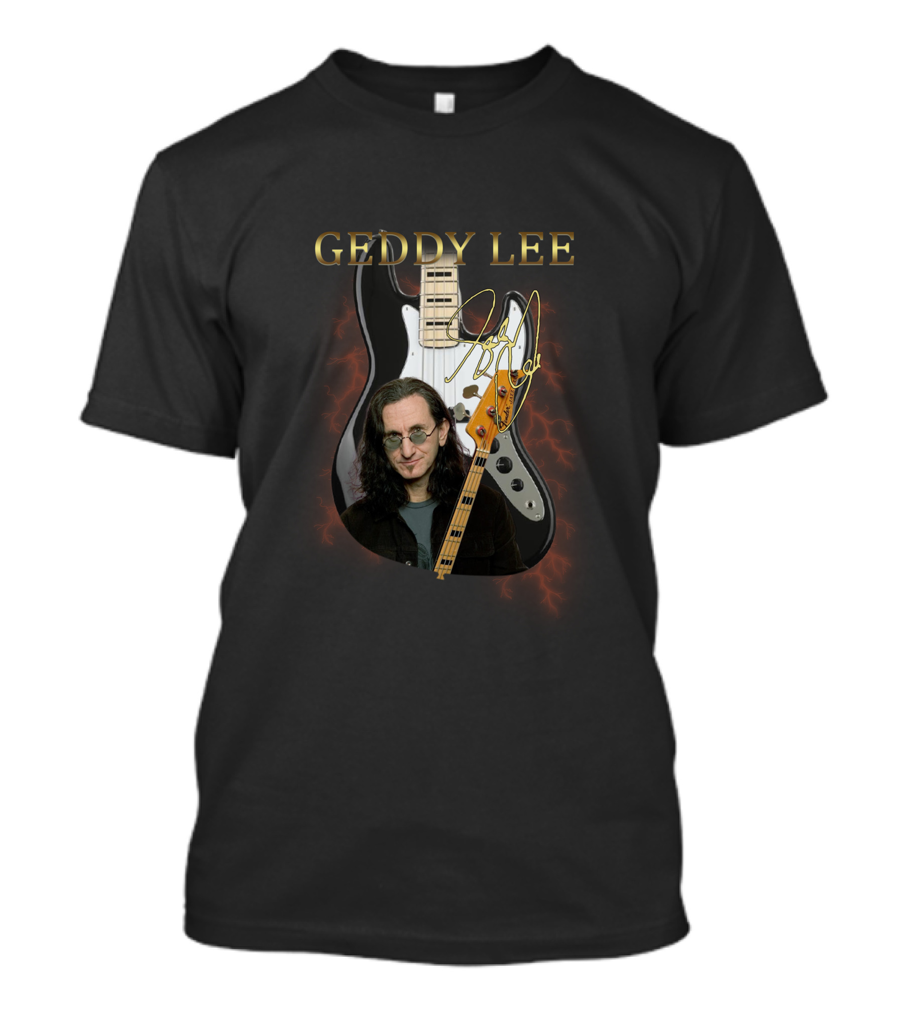 GEDDY LEE Signature Guitar Image With Electric Bass Lightning Effect T-Shirt