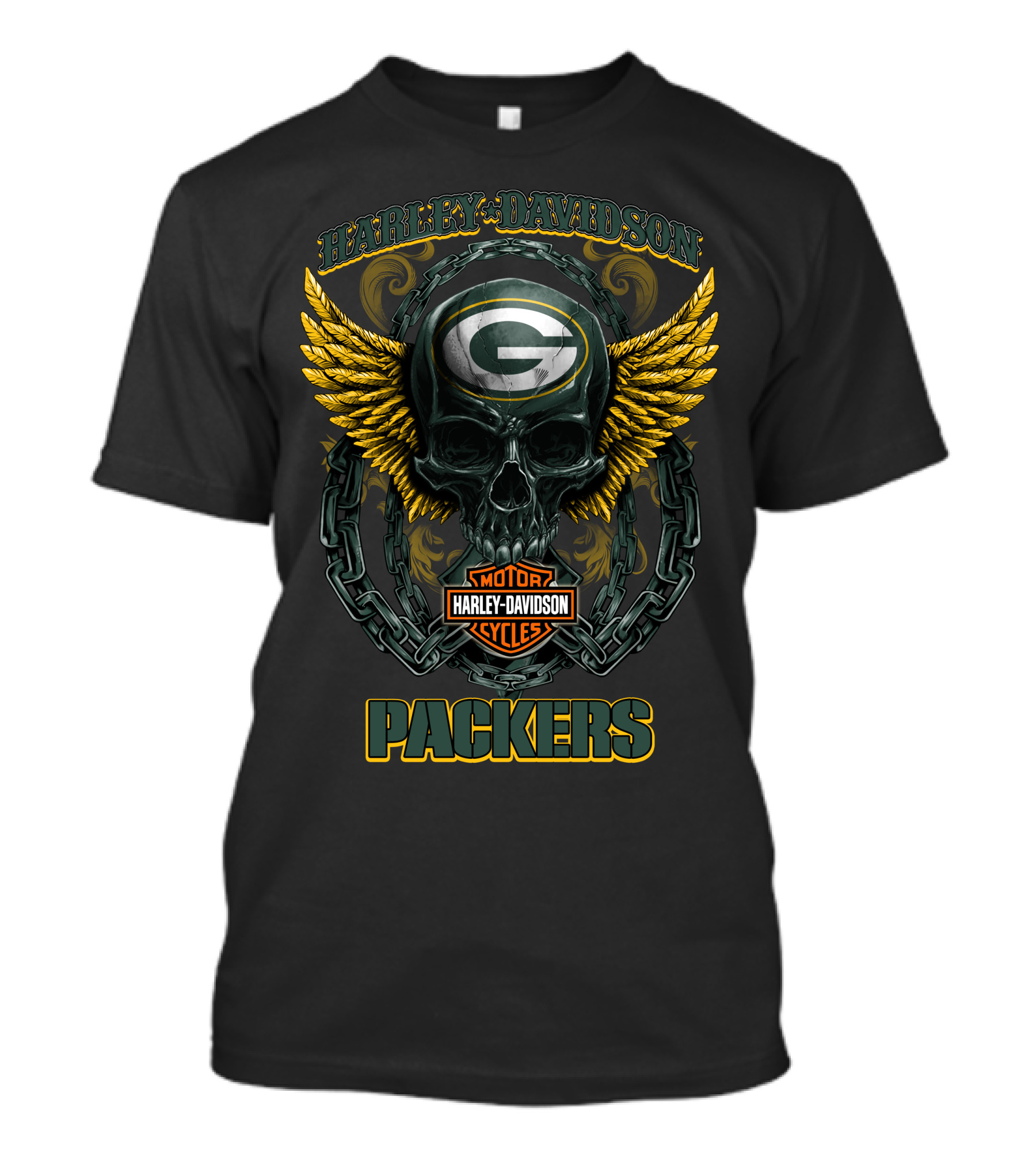 Harley Davidson Motorcycles Green Bay Packers Skull And Wings T-Shirt