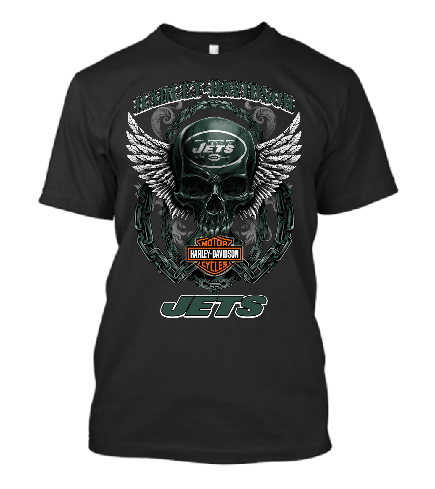 Harley Davidson New York Jets Winged Skull Motorcycle Cycles T-Shirt