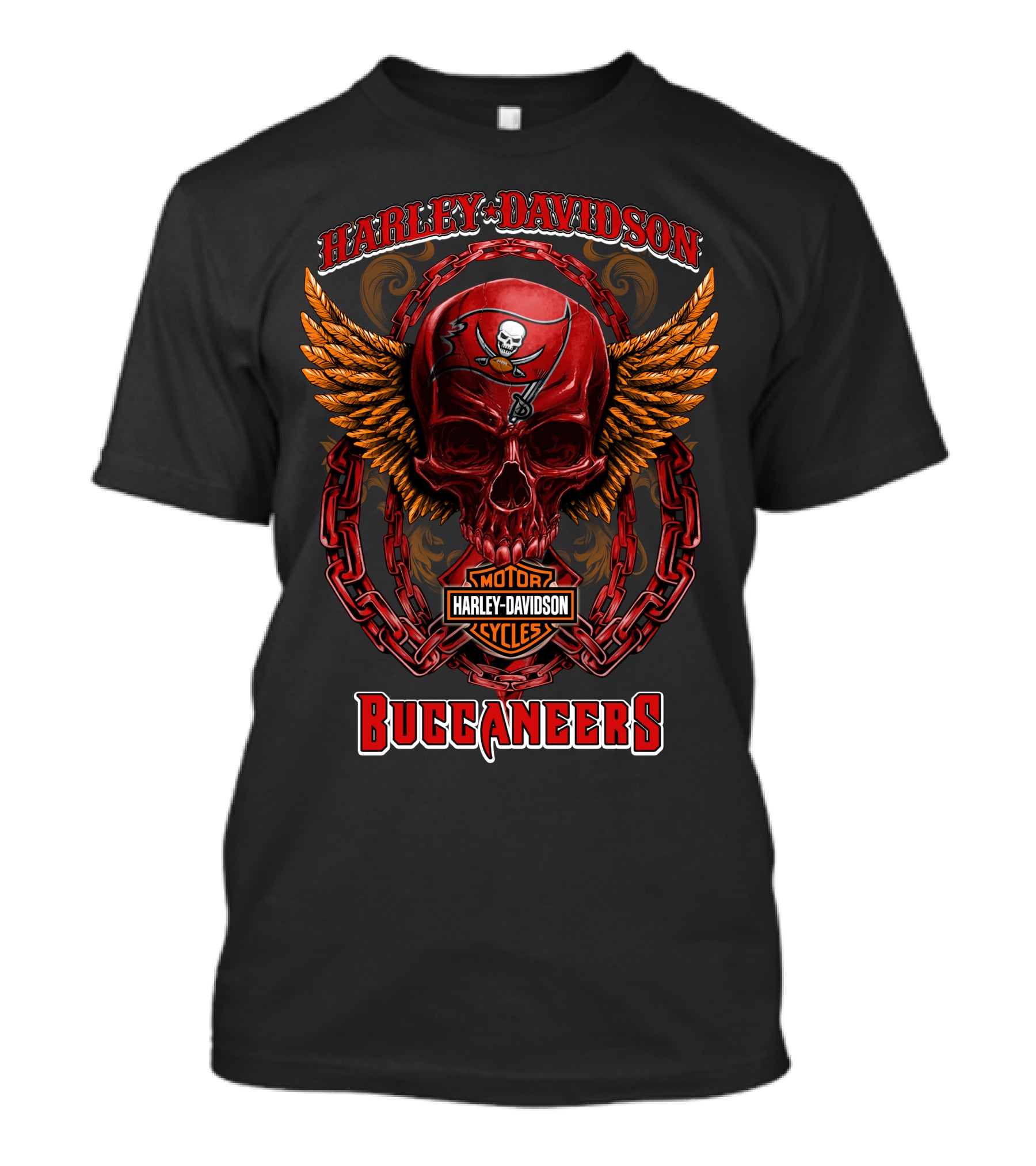 Harley Davidson Motorcycles Buccaneers Skull Logo Wings Chains T-Shirt