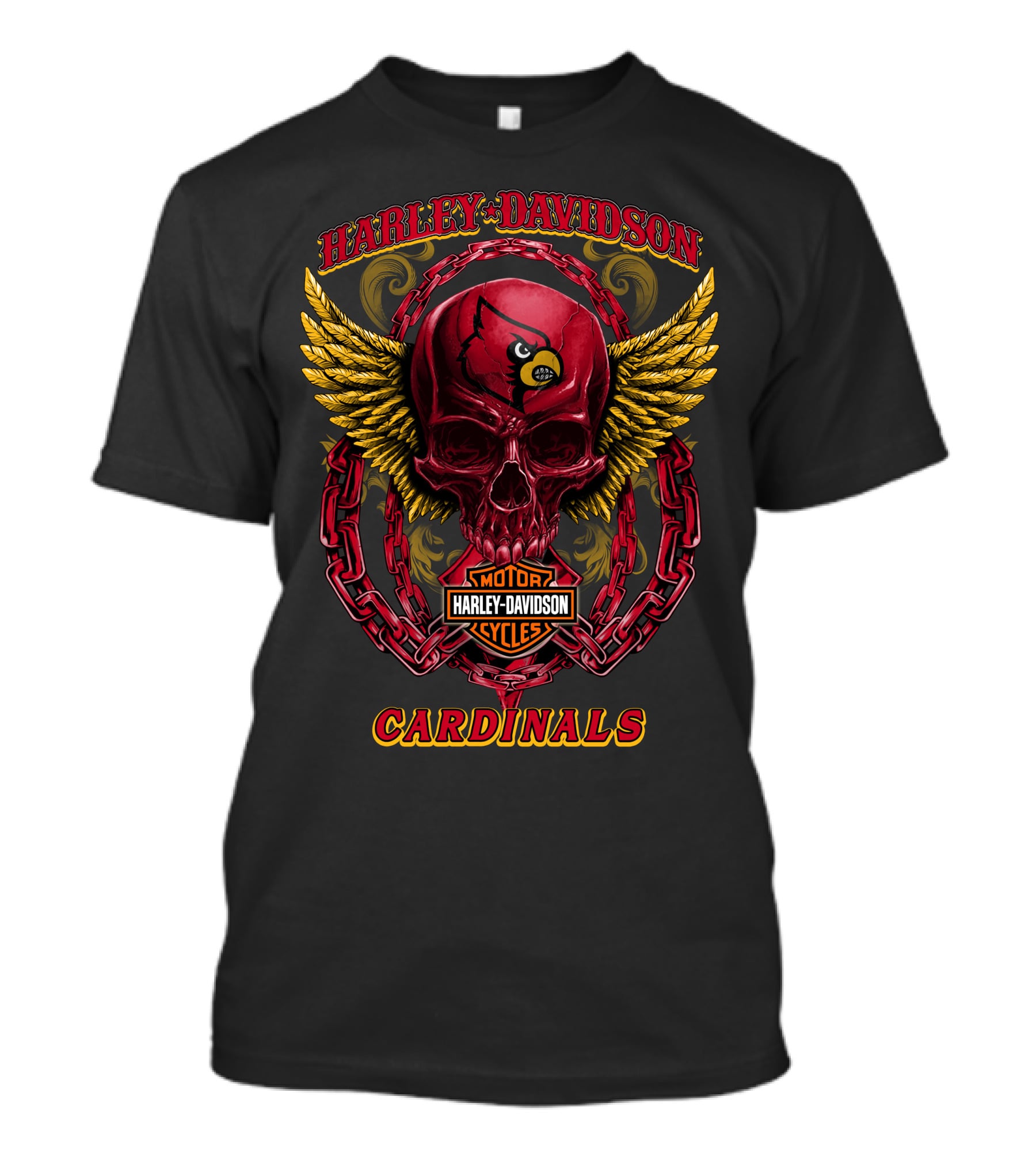 Harley Davidson Motor Cycles Cardinals Skull With Wings And Chains T-Shirt