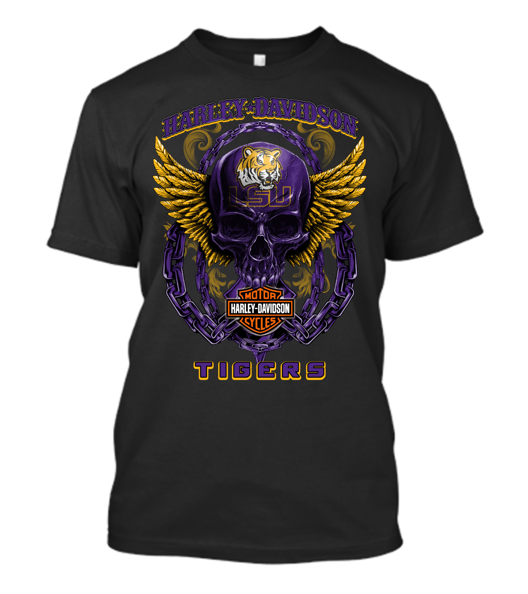 Harley Davidson Lsu Tigers Skull Logo With Wings And Chains T-Shirt