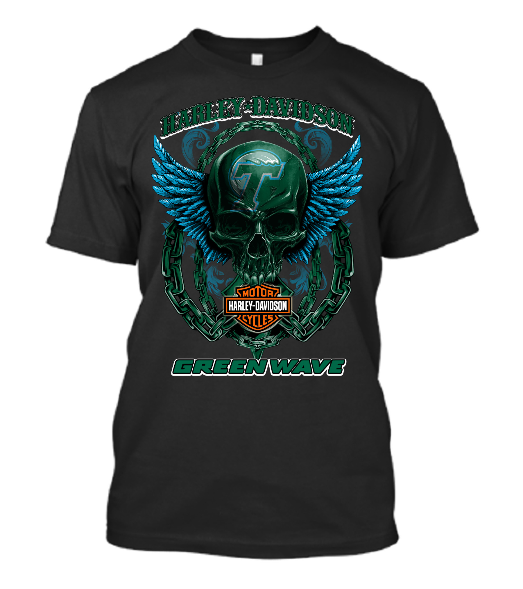 Harley Davidson Motor Cycles Green Wave Skull With Wings And Chains T-Shirt