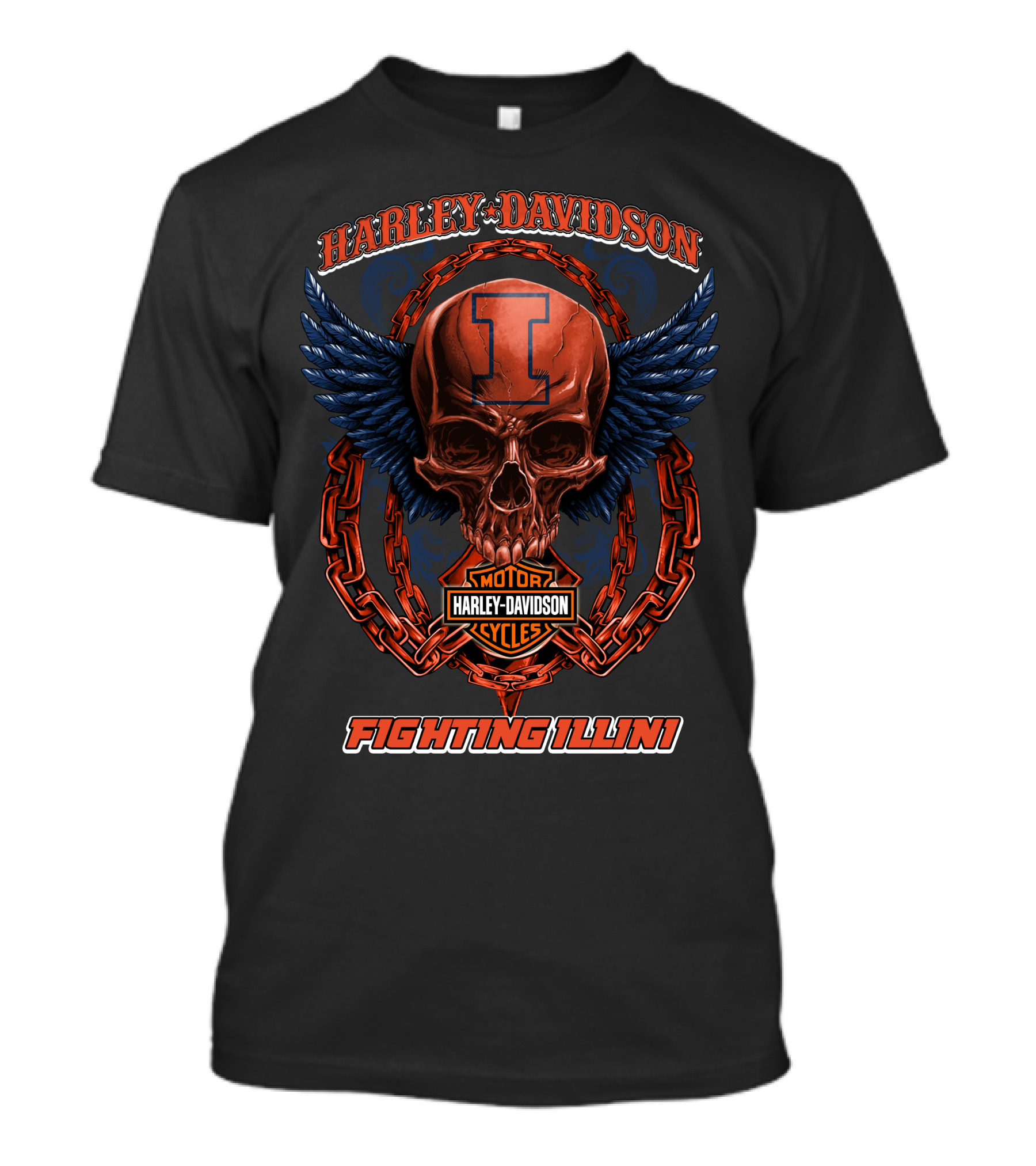Harley Davidson Motorcycles Illinois Fighting Illini Skull With Wings T-Shirt