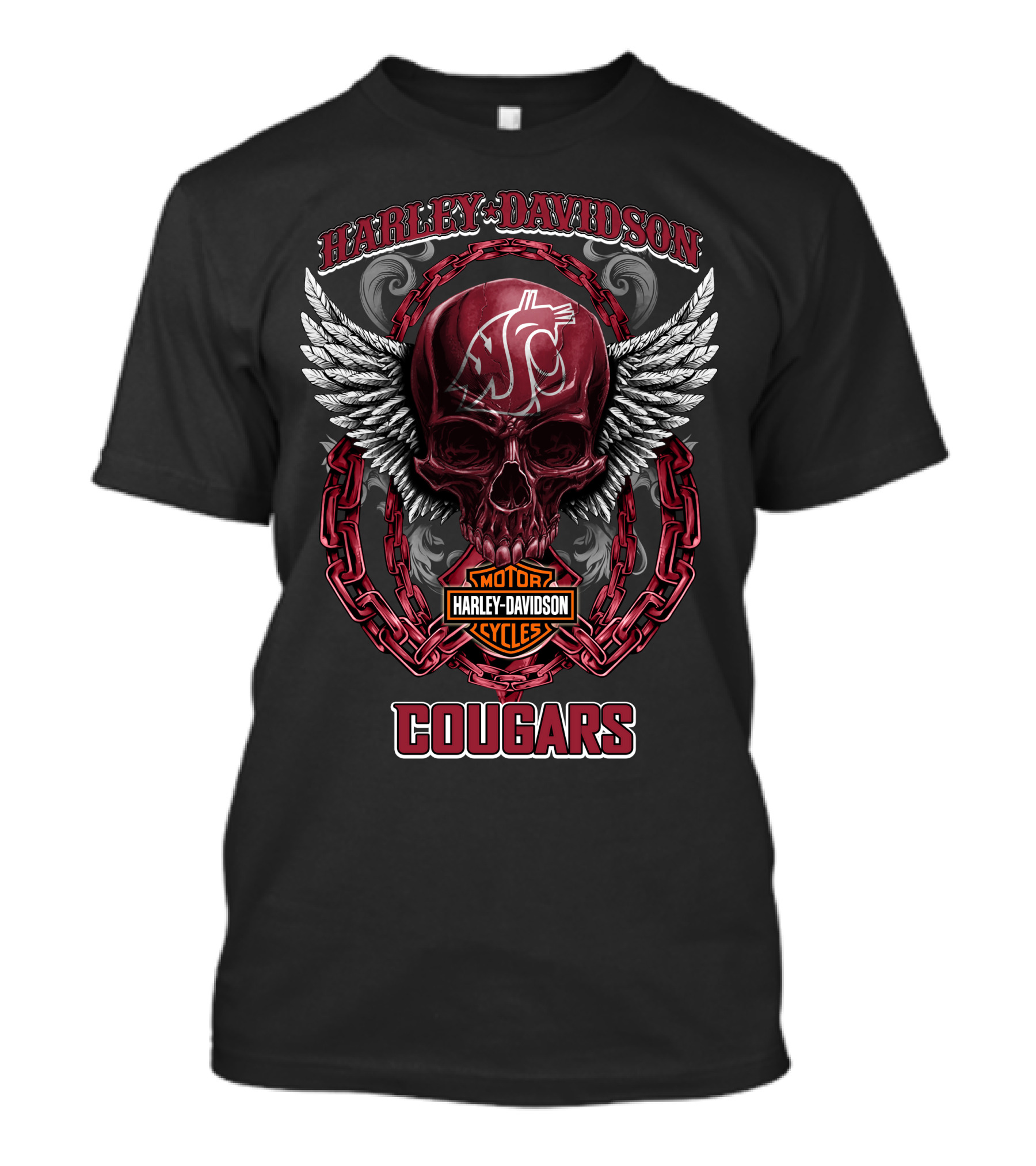 Harley Davidson Cougars Skull Wings Logo Washington State Football T-Shirt