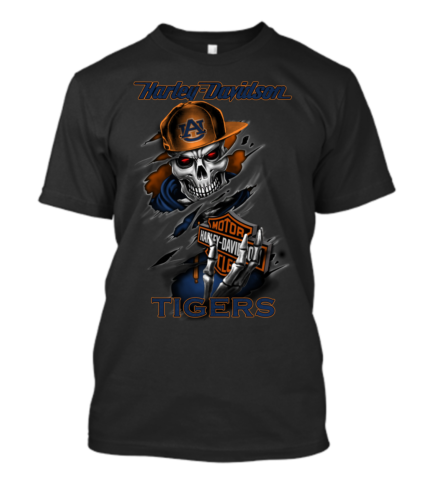 Harley Davidson Auburn Tigers Skull With Cap And Motorcycle T-Shirt