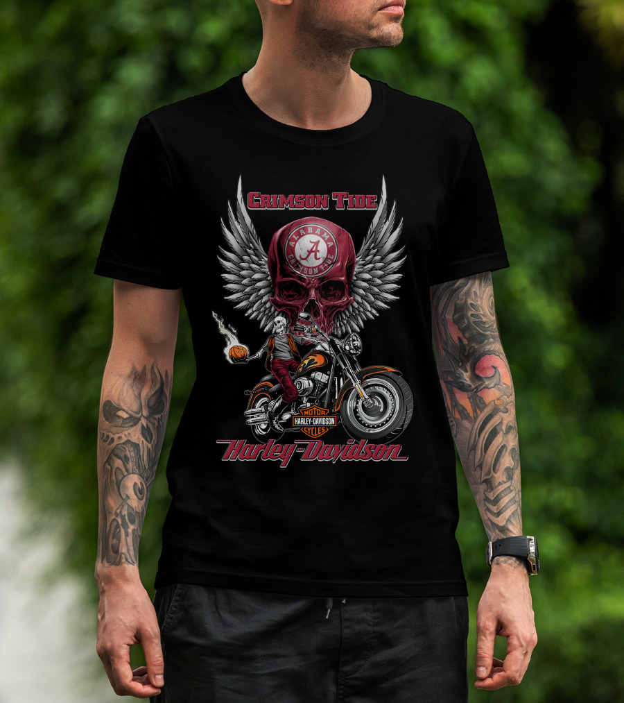 Crimson Tide Alabama Harley Davidson Motorcycles Ncaa Skull Wings T-Shirt