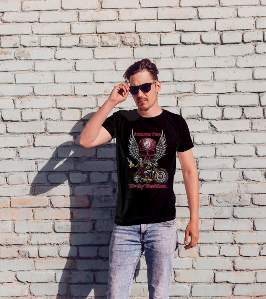 Crimson Tide Alabama Harley Davidson Motorcycles Ncaa Skull Wings T-Shirt