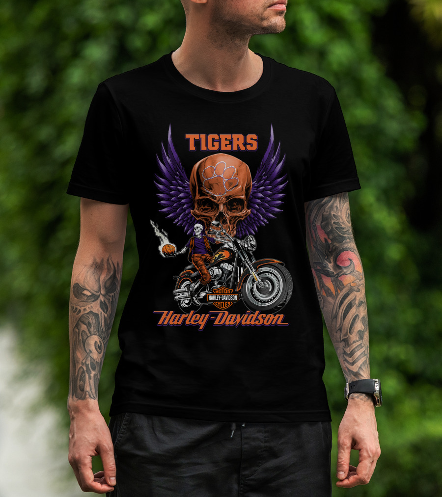 Tigers Harley Davidson Purple Wings Skull Motorcycle Basketball T-Shirt