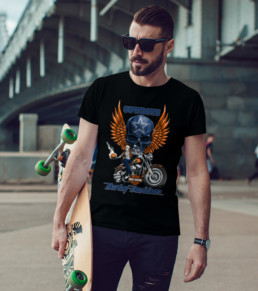 Cowboys Harley Davidson Motor Cycles Skull Star Wings T-Shirt