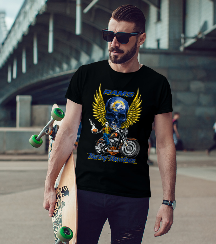 Harley Davidson Rams Skull With Los Angeles Nfl Motorcycle And Flaming Ball T-Shirt