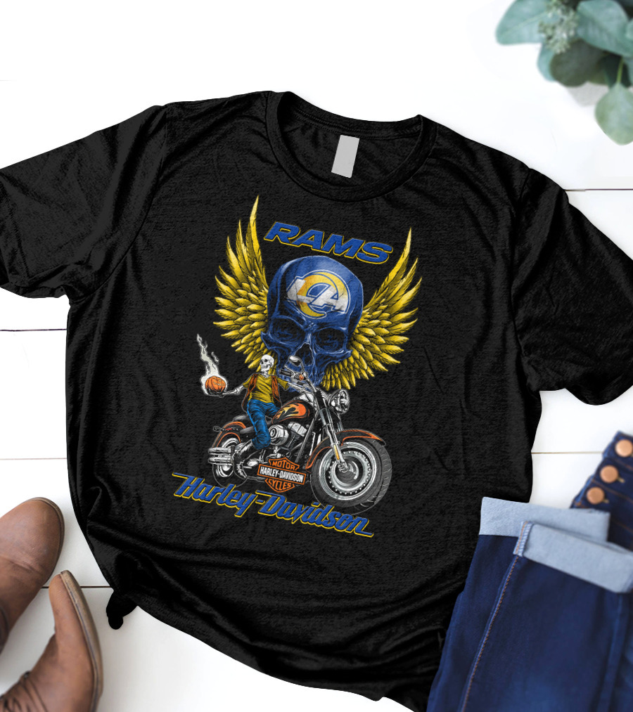 Harley Davidson Rams Skull With Los Angeles Nfl Motorcycle And Flaming Ball T-Shirt