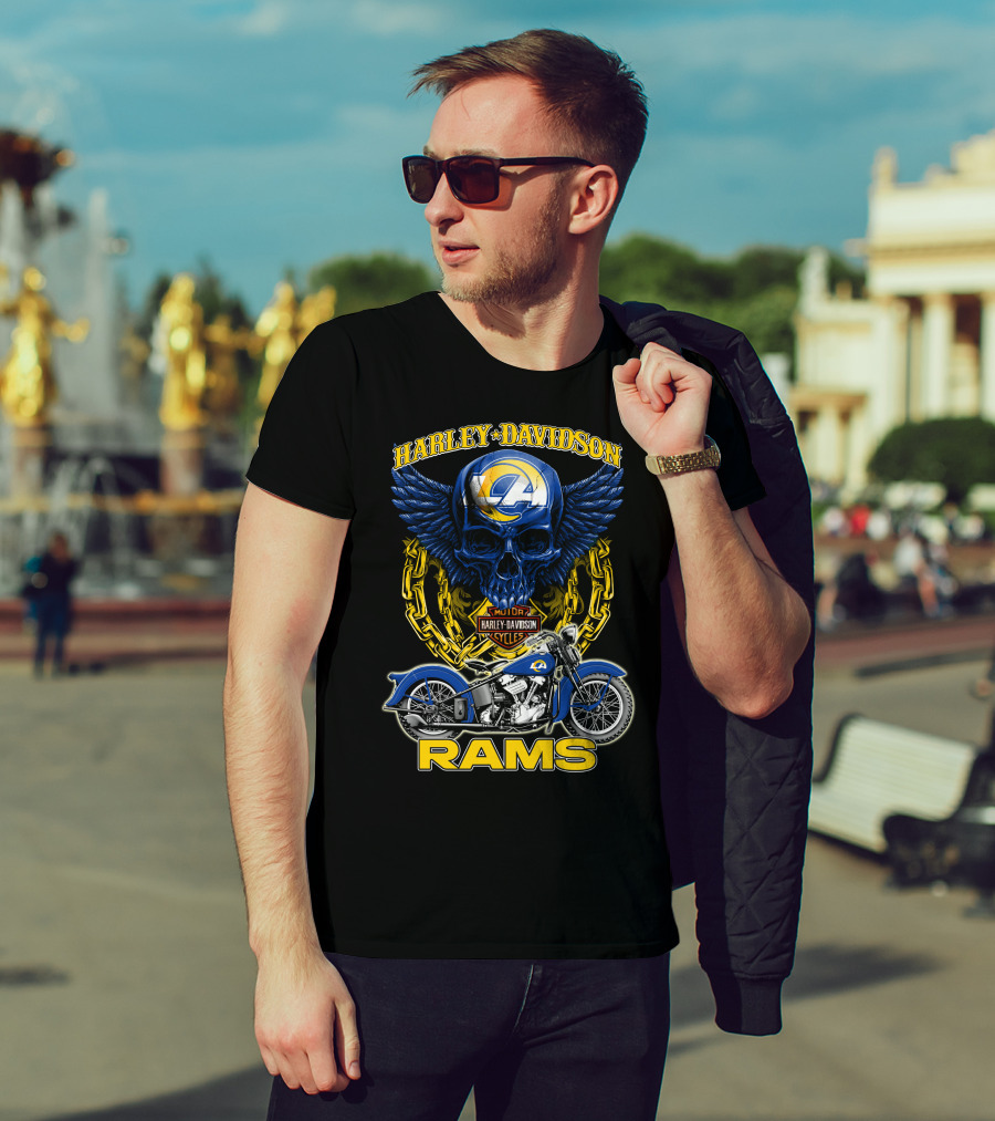 Harley Davidson Los Angeles Rams Nfl Motorcycle Skull T-Shirt