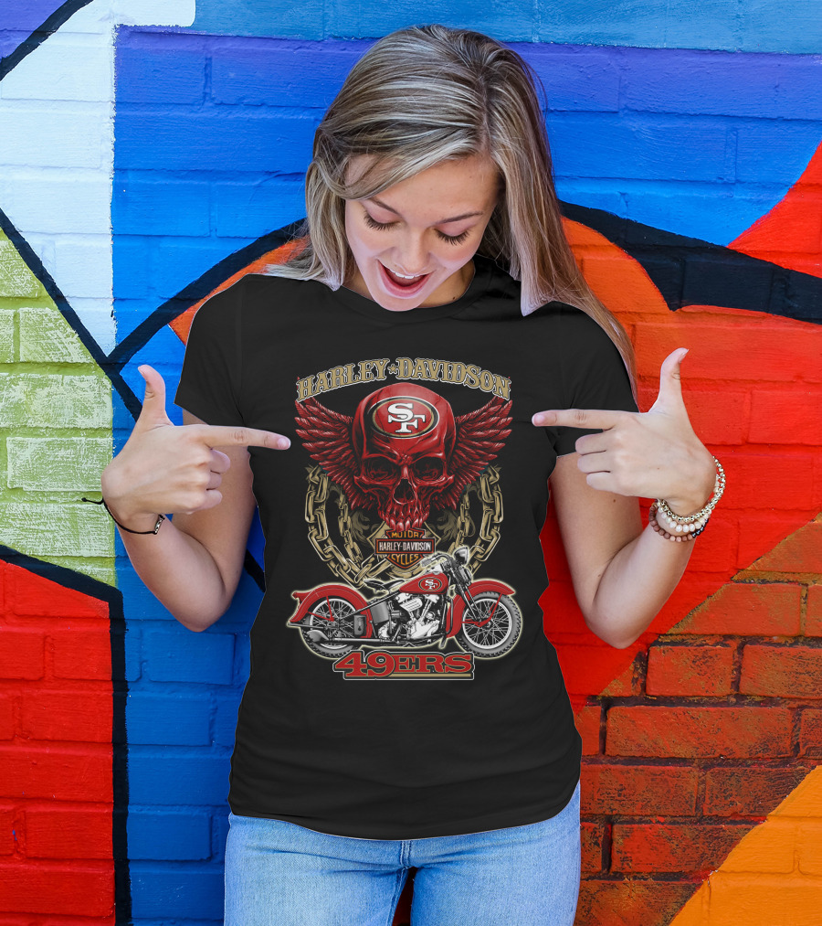 San Francisco 49ers Harley Davidson Motorcycle Skull Design Nfl 49ers T-Shirt