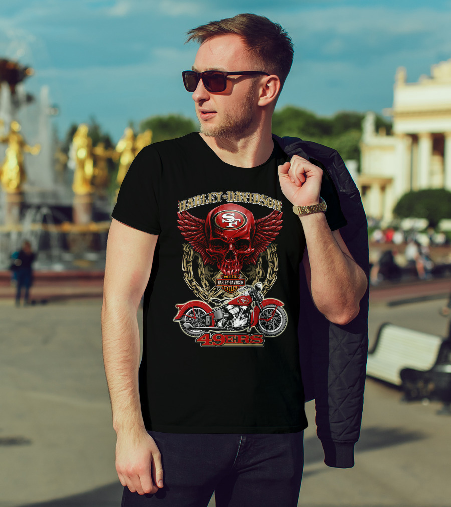 San Francisco 49ers Harley Davidson Motorcycle Skull Design Nfl 49ers T-Shirt