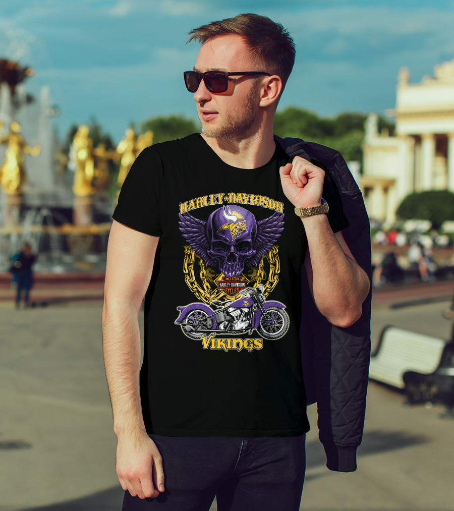Harley Davidson Minnesota Vikings Nfl Motorcycle Cycles Skull T-Shirt