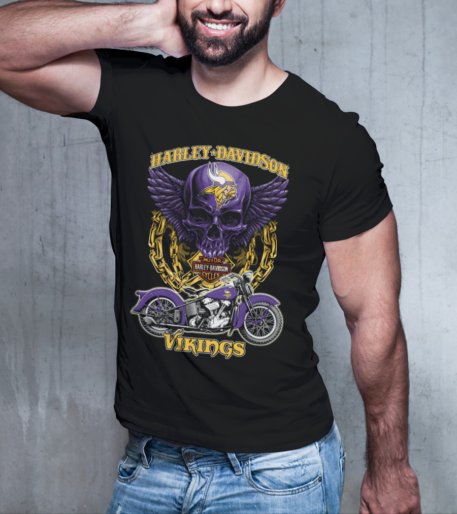 Harley Davidson Minnesota Vikings Nfl Motorcycle Cycles Skull T-Shirt