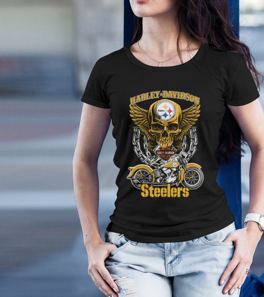 Pittsburgh Steelers Harley Davidson Winged Skull Motorcycle Nfl Hd18 T-Shirt