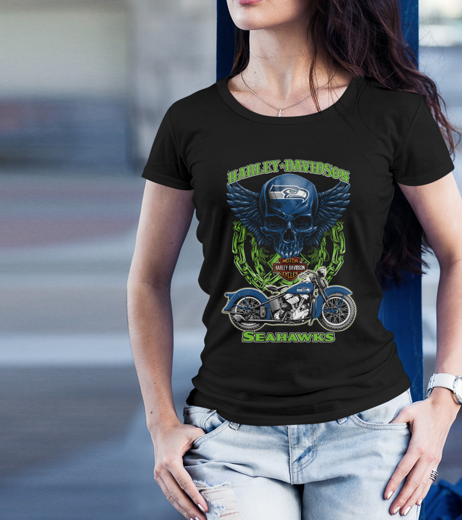 Harley Davidson Motorcycles Skull With Seattle Seahawks Logo And Bike Nfl Hd18 T-Shirt
