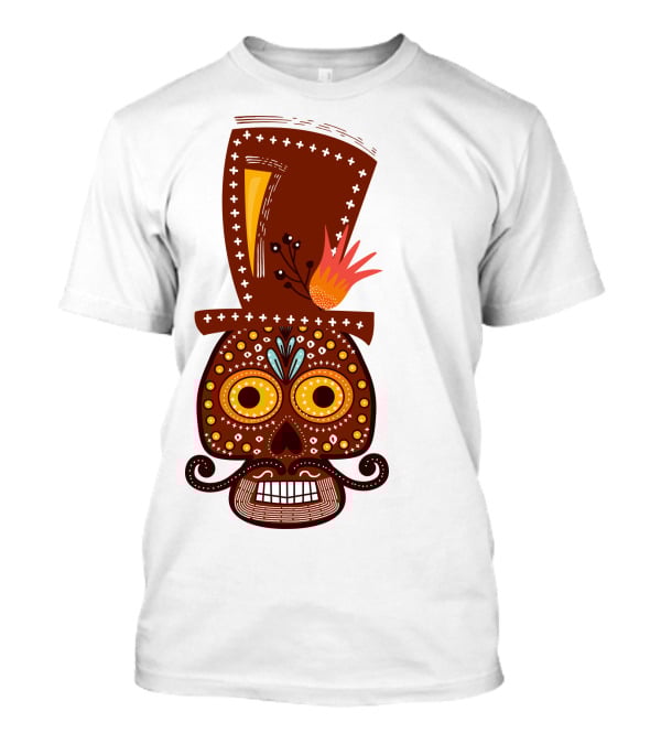 Skull Series 156 Colorful Day Of The Dead Sugar Skull Top Hat Mustache T-Shirt