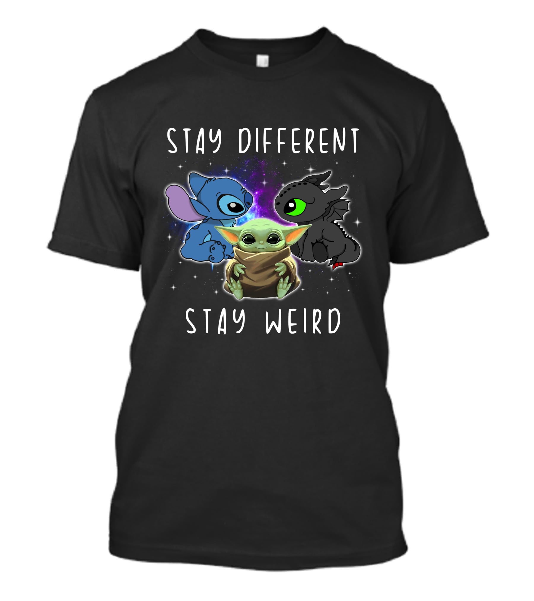 Stay Different Stay Weird Stitch Toothless Baby Yoda T-Shirt