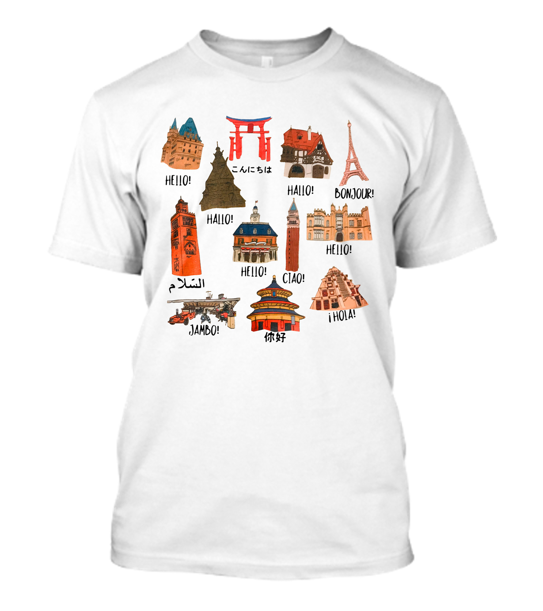 Epcot World Showcase Hello Konnichiwa Bonjour Ciao Jambo Hola Iconic Landmarks T-Shirt