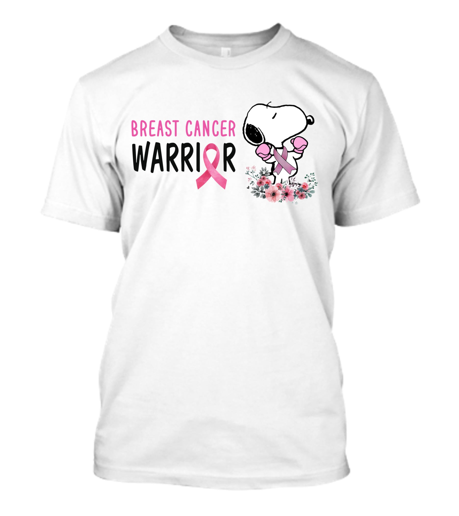 Breast Cancer Warrior Pink Ribbon Snoopy With Boxing Gloves And Flowers T-Shirt