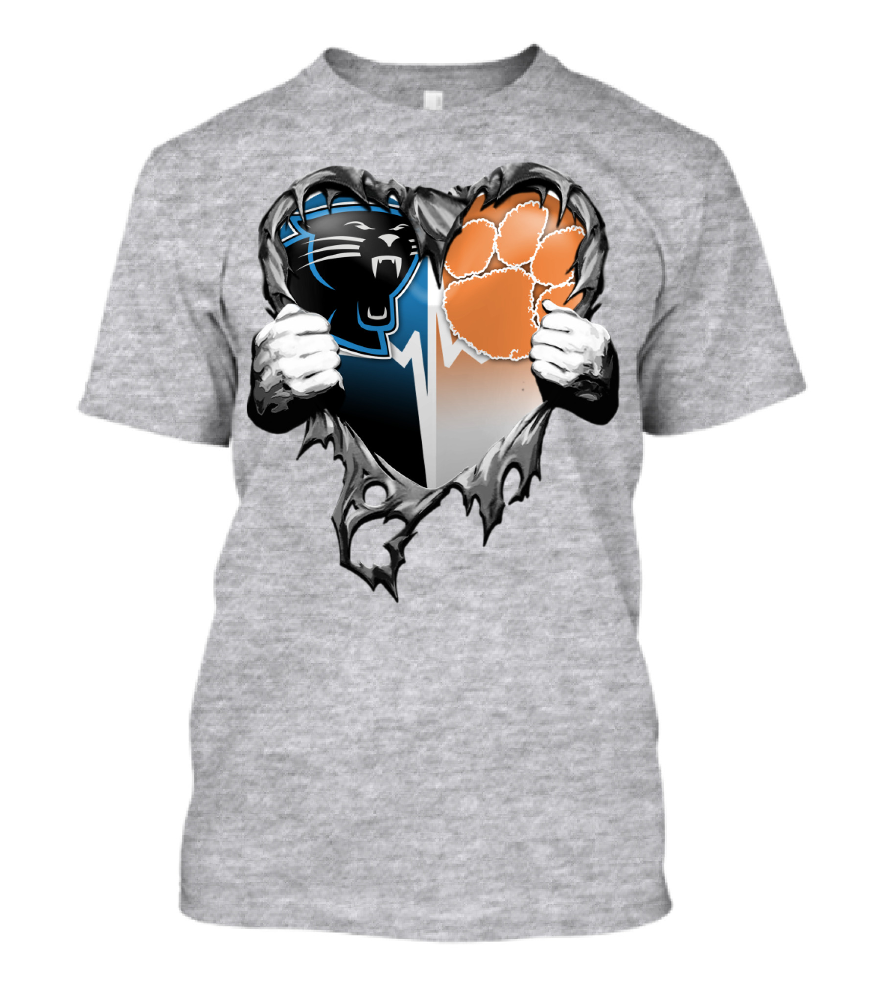 Carolina Panthers Clemson Tigers Heart Ripped T-Shirt
