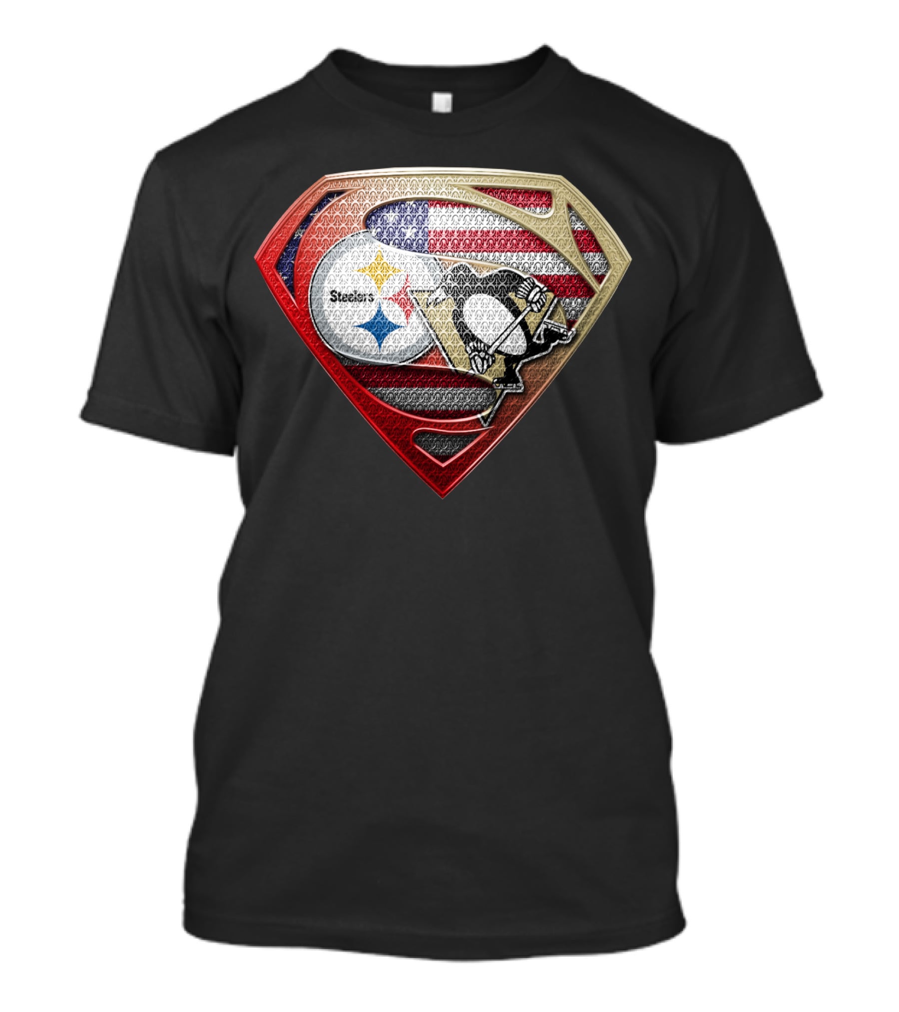 Steelers Penguins American Flag Superman Shield T-Shirt