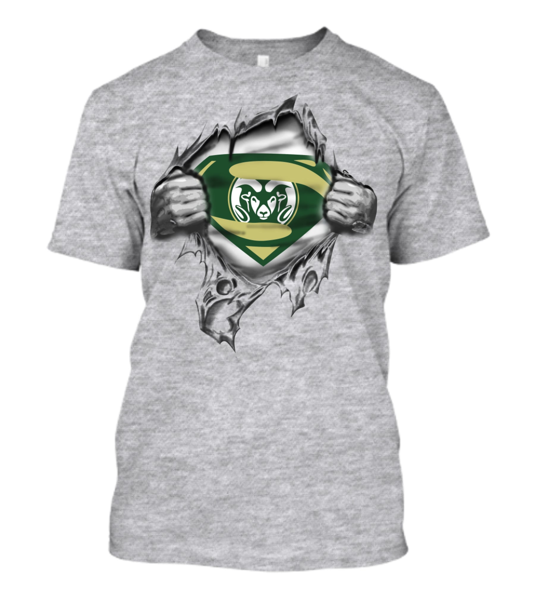 Superman Logo Style With Green And Gold Ram Symbol Torn T-Shirt