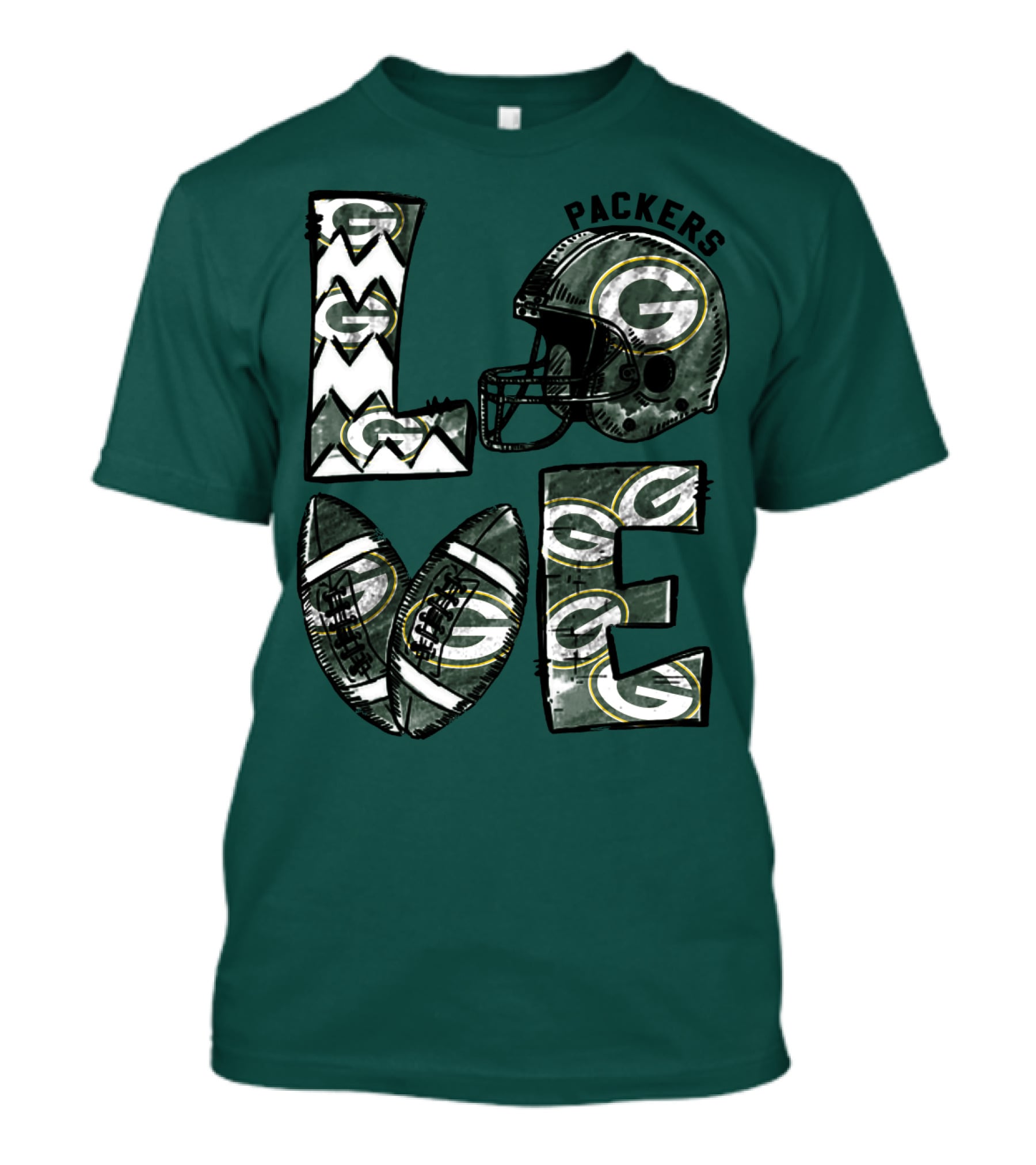 Packers Love Football Helmet And Ball Green Bay Packers T-Shirt