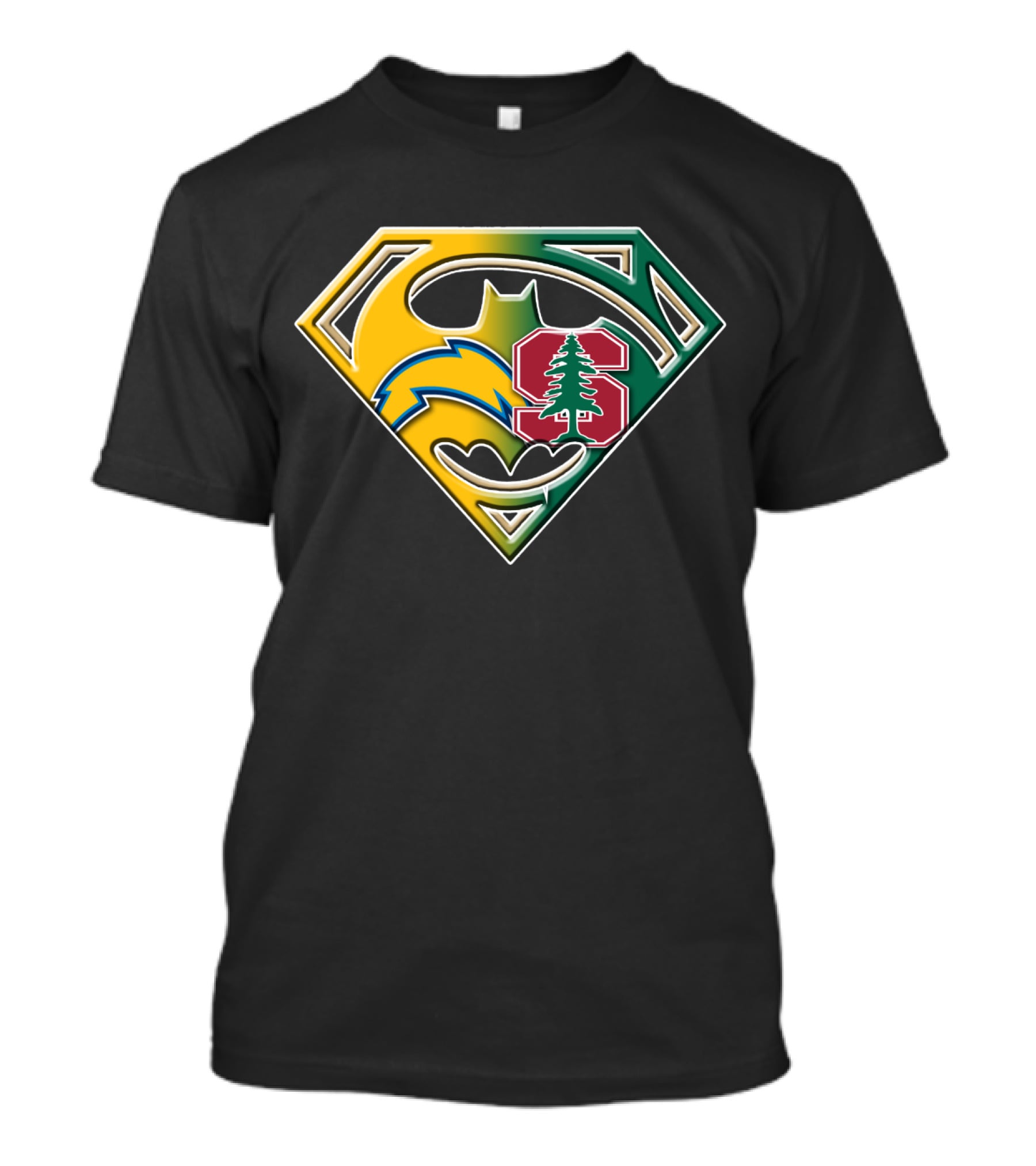 Los Angeles Chargers And Stanford Cardinal Bat Superman Logo Fusion T-Shirt