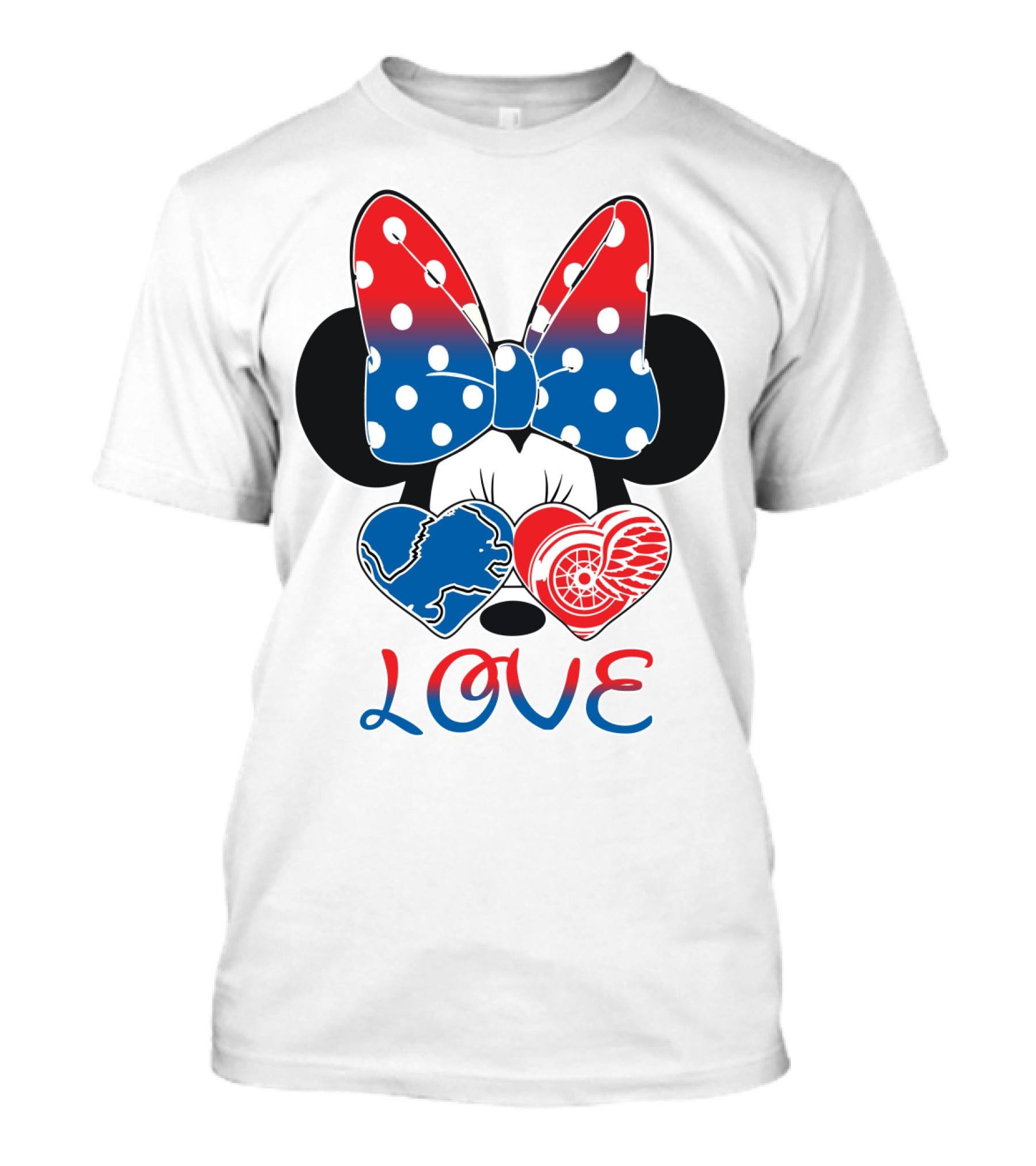 Love Minnie Mouse Detroit Lions Red Wings Bow Hearts T-Shirt